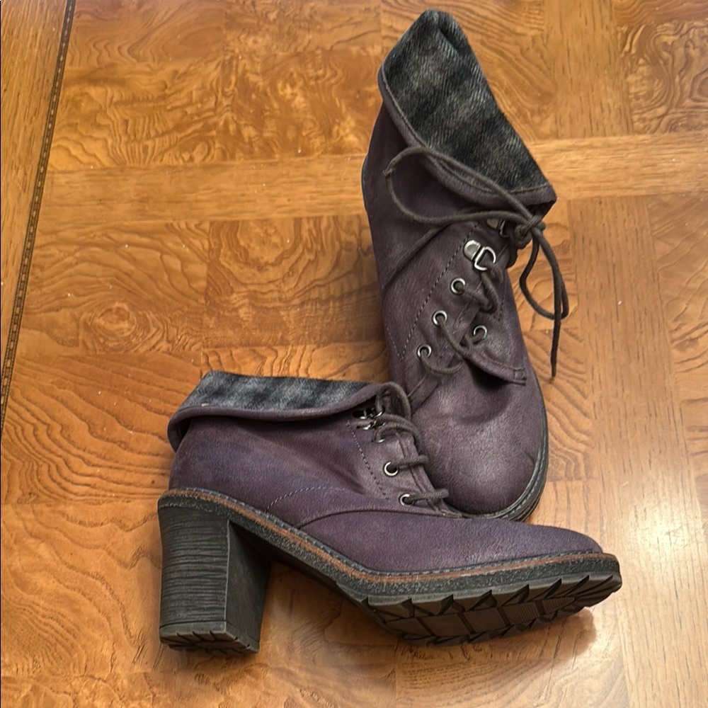 Purple Heeled Boots with Chunky Heel and Tall Shaft